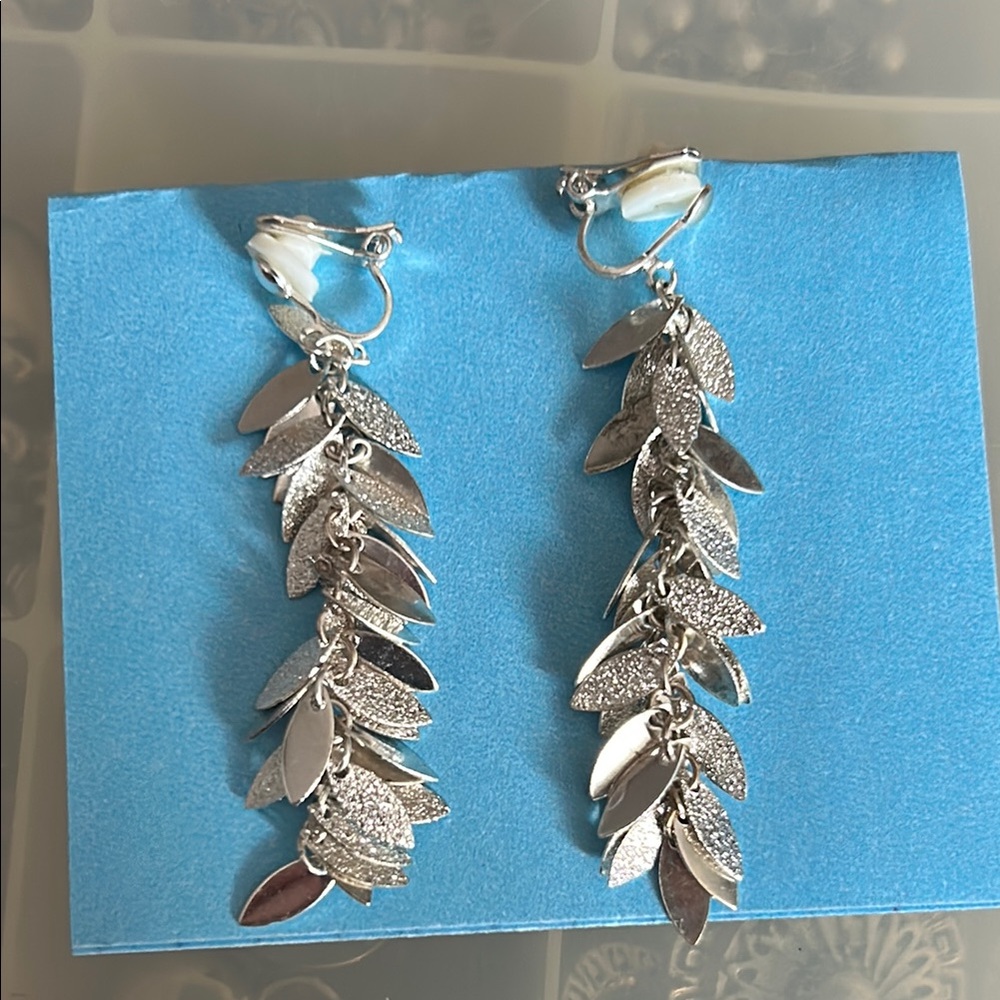 Clip on Silver Leaf Dangle Earrings